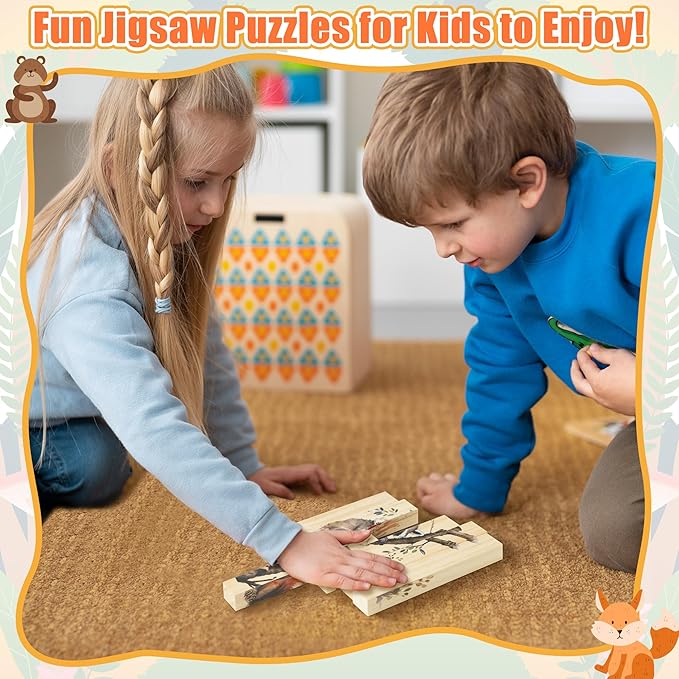 CJiangpo Wooden Animal Chunky Puzzles - 4 in 1 Woodland Animal Puzzle Blocks Sensory Toys for Toddlers 2+ Years, Realistic Rectangular Building Block Stacking Educational Toy Game for Boy Girl