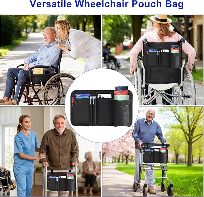 Wheelchair Side Bag with Cup Holder, Premium Wheelchair Armrest Pouch Accessories for Adults,Wheelchair Bags for Walkers, Rollators, Electric Wheelchairs (Black)