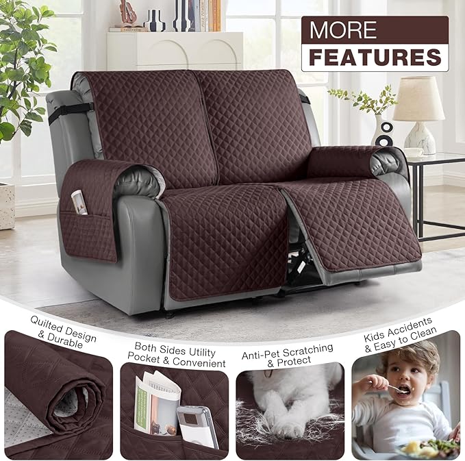 TAOCOCO Loveseat Recliner Cover Non-Slip Sofa Slipcover, Pet Cover for Loveseat Recliner with Elastic Straps, Washable Reclining Loveseat Cover Recliner Furniture Protector (2 Seater, Coffee)