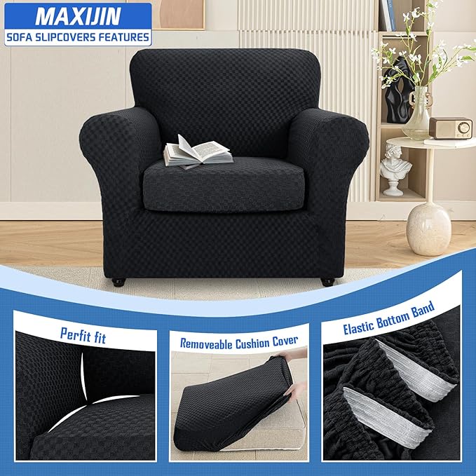 MAXIJIN 2 Piece Jacquard Chair Covers with Arms Super Stretch Non Slip Chair Slipcover for Living Room Dogs Pet Friendly Elastic Sofa Couch Protector Armchair Cover (Chair, Black)