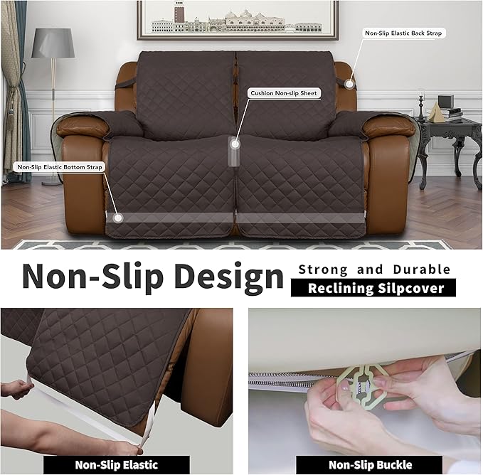 Easy-Going Oversized Loveseat Recliner Cover, Reversible Couch Cover for Double Recliner, Split Sofa Cover for Each Seat with Elastic Straps for Dogs, Pets(Oversized 2 Seater, Chocolate/Beige)