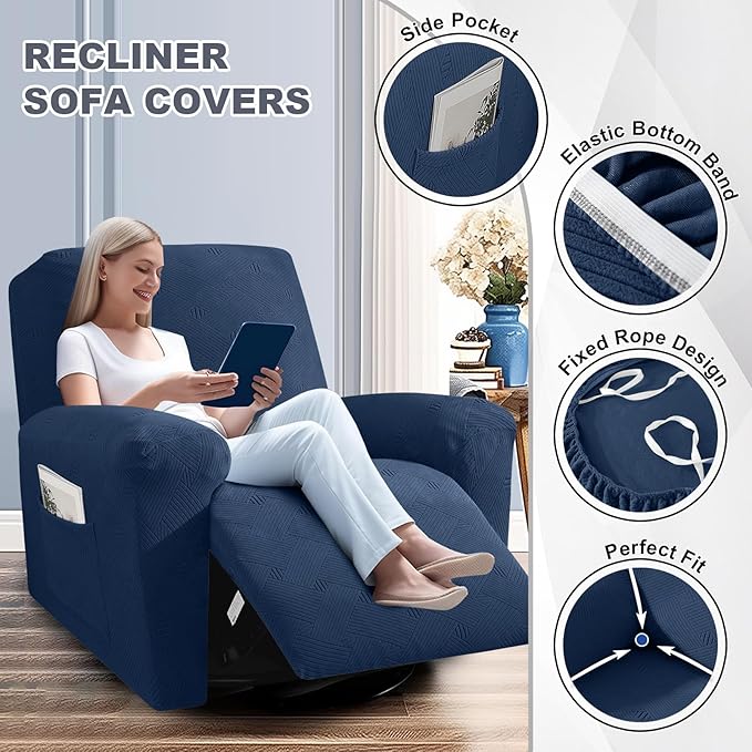 JIVINER Recliner Chair Covers, Jacquard 3 Piece Slipcovers for Recliner Chair Soft Stretch Lazy Boy 1 Seater Reclining Protector with Pockets (Recliner, Navy Blue)