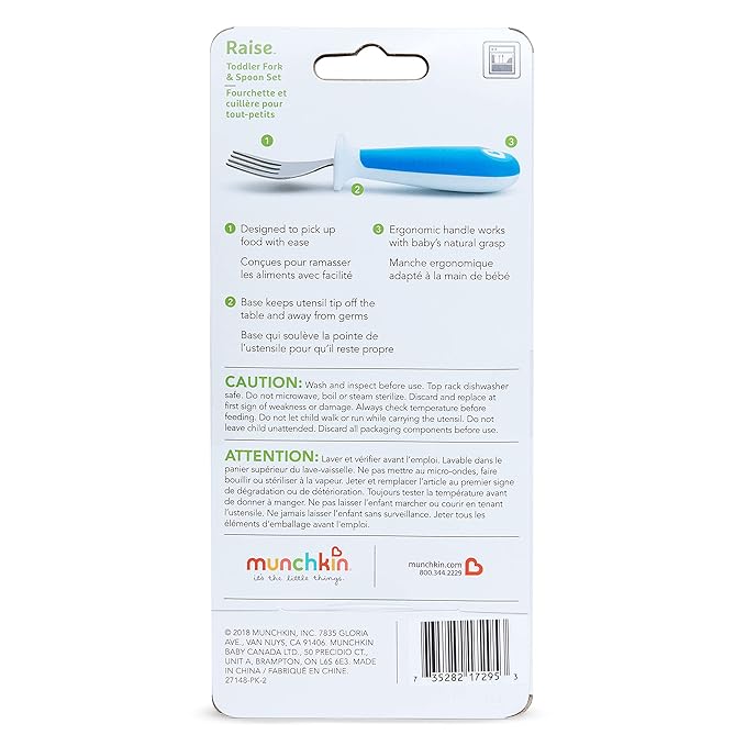 Munchkin® Raise™ Toddler Fork and Spoon Utensil Set, Rest Keeps Tip Off Table, BPA Free, 4 Pack, Blue/Green