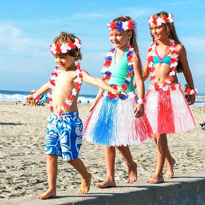 Fortuning's JDS Hawaiian Hula Grass Skirt for Girls Elastic Flower Costume Kids Outfits for Luau Tropical Beach Party Decor
