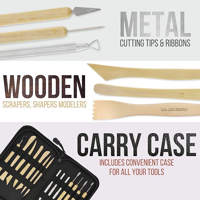 US Art Supply 14-Piece Pottery, Clay Sculpture & Ceramics Tool Set with Canvas Zippered Case