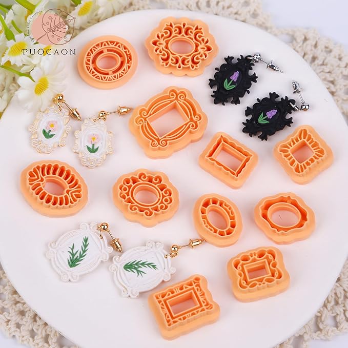 Puocaon Vintage Frame Clay Cutters - 11 Pcs Clay Cutters for Polymer Clay Earrings Jewelry, Mini Ornate Frame Clay Earring Cutters, Antique Picture Photo Portrait Clay Cutters for Jewelry Making