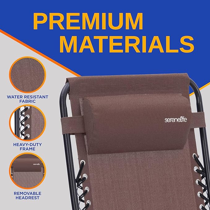 SereneLife Zero Gravity Outdoor Lounge Chairs 2 Pack – Folding Recliners with Side Table, Cup Holder & Padded Headrest – Adjustable Patio Chairs for Lawn, Garden, Deck, Camping (Brown)