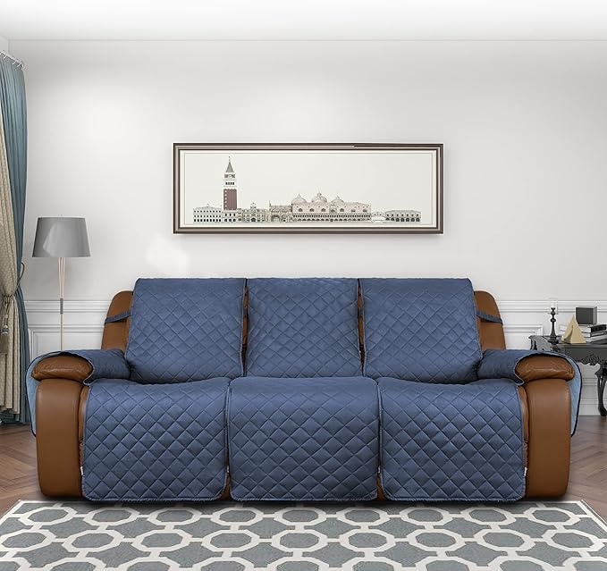 Easy-Going Recliner Sofa Cover, Reversible Couch Cover for 3 Seat Recliner, Split Sofa Cover for Each Seat, Furniture Protector with Elastic Straps for Kids, Dogs, Pet(3 Seater, Dark Blue/Light Blue)