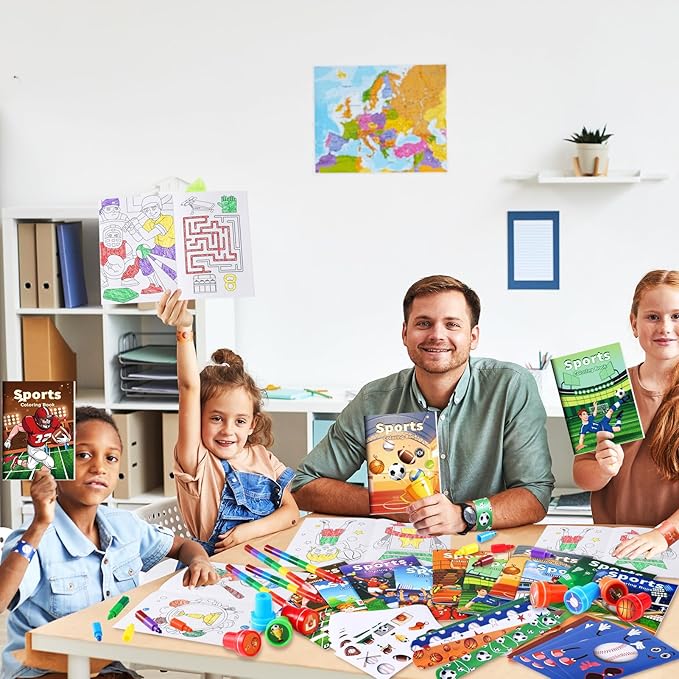 BenLouis 192Pcs Sports Party Favors Football Basketball Soccer Baseball Party Coloring Books Set Bulk for Kids Sports Themed Party Team Gift Goodie Bag Fillers School Classroom games Rewards