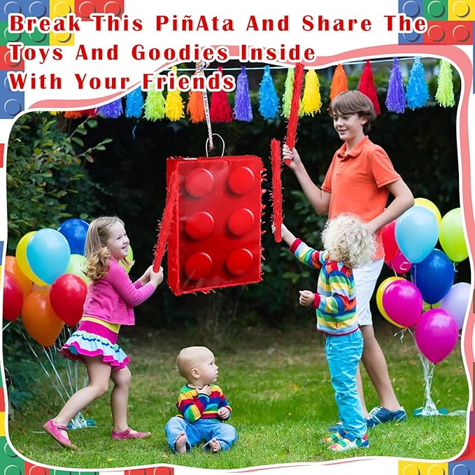 25 Pcs Building Blocks Party Supplies Fiesta Piñata Bundle with Blindfold Bat Stick and Confetti 12 Slap Bracelets 6 Keychain 6 Straws Building Block Theme Birthday Carnival Party Decoration