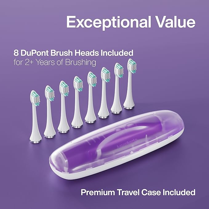 Aquasonic Vibe Series Ultra-Whitening Toothbrush – ADA Accepted Electric Toothbrush - 8 Brush Heads & Travel Case – 40,000 VPM Motor & Wireless Charging - 4 Modes w Smart Timer – Satin Violet