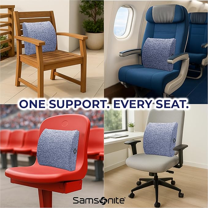 Samsonite Ergonomic Lumbar Support Pillow for Office Chair and Car Seat - Memory Foam Back Support Lumbar Pillow Premium Cushion Chair Support for Lower Back Pain Relief and Versatile Use (Gray-Blue)