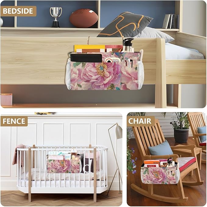 Pink Peony Bee Dragonfly Bedside Caddy for Dorm Bed Bedside Hanging Caddy Bag Iron Frame Storage Organizer Pocket for Bunk Home College Hospital Beds 2 Hooks