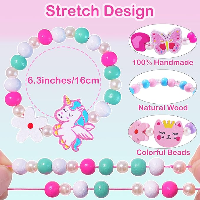 12 PCS Girls Bracelet for Kids Unicorn Mermaid Wooden Beaded Bracelets Birthday Party Favors Goodies Bag Stuffers Fillers Cute Pinata Stuffers Rainbow Butterfly Heart Jewelry Gifts