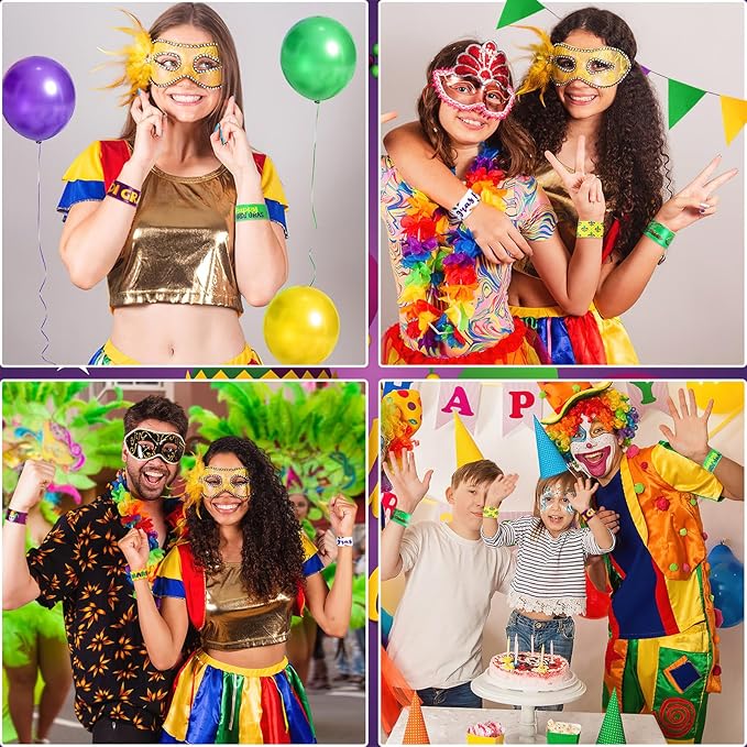 JUNEBRUSHS 56Pcs Mardi Gras Slap Bracelets, Mardi Gras Bracelets Bulk Carnival Wristbands for Kids Aldults Mardi Gras Party Favors Accessories Gifts Mardi Gras Throws for Bag Stuffers Fillers