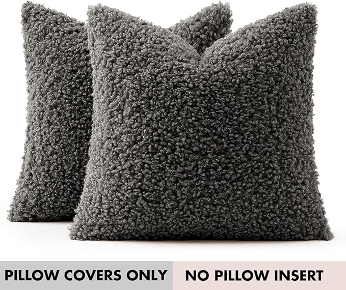 Woaboy Faux Fur Throw Pillow Covers 20x20 Inch Set of 2 Boucle Neutral Decorative Sherpa Fuzzy Accent Soft Sheepskin Fleece Cushions Modern Home Decor for Couch Sofa Bedroom Living Room,Gray
