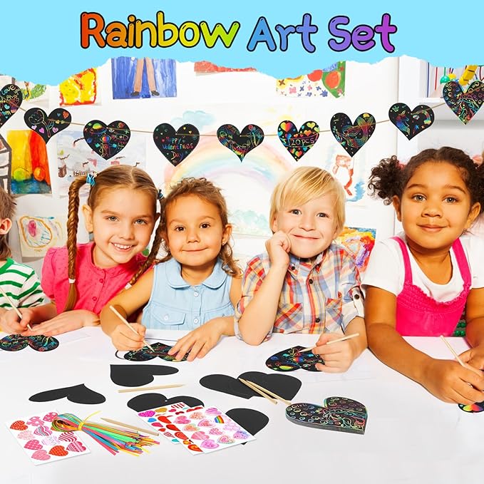 120 Pieces Valentines Day Craft Bulk for Kids Heart Scratch Paper Art with Rainbow Colors Valentine Scratch Cards,120 Heart Cards,120 Scratch Sticks,120 Ribbons, 20 Stickers