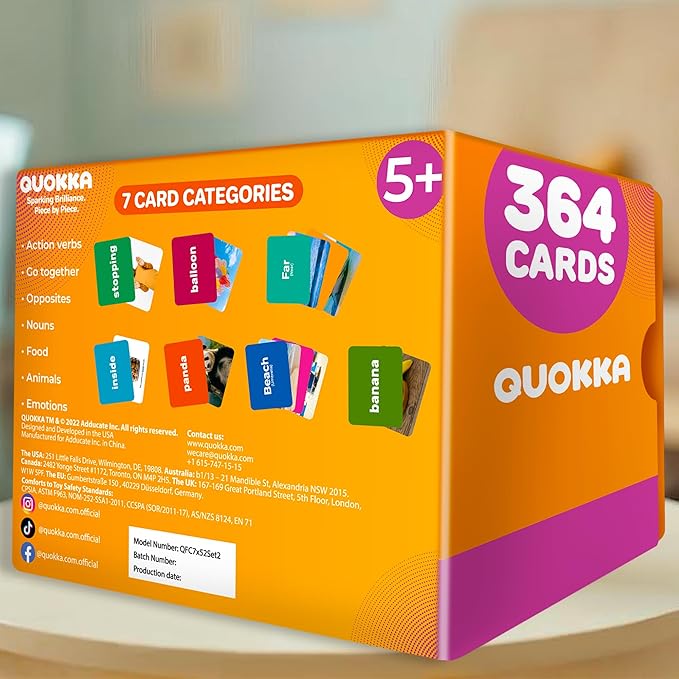QUOKKA 364 Flash Cards for Kids and Adults - Real-Life Large Preschool Flash Cards for Speech Therapy, ABA Therapy, ESL Teaching, Pre-K to 3rd Grade, 7 Vocabulary Building Categories with Prepositions