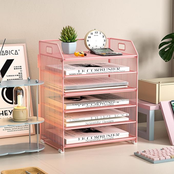 6 Tier Desk Organizer, Heavy-Duty Thick Metal Letter Tray Organizer, Large Capacity Desktop File Organizer for Heavy Files, Easy to Assemble for Home, Office & Classroom,Black,Pink