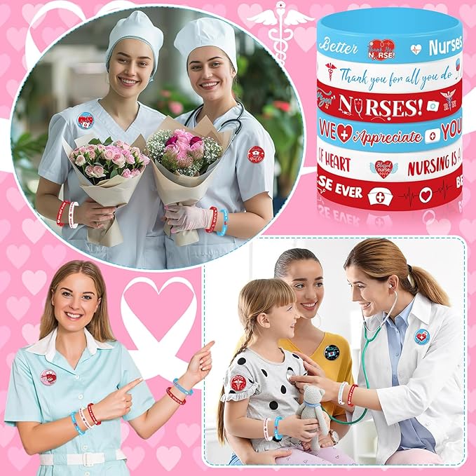 64PCS Nurse Party Favors 32pcs Nursing Themed Button Badges Pins and 32pcs Nurse Silicone Bracelets for Nurses Week Medical RN Theme Nurse Graduation Activities Party Decorations