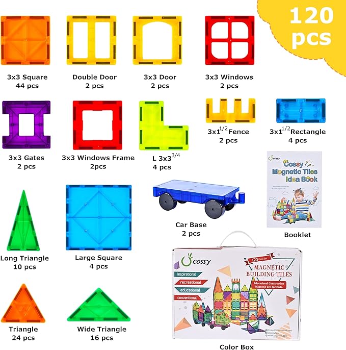 cossy 120Pcs Magnet Tiles Magnetic 3D Building Blocks Set Educational Construction Toys for 3+ Year Kids with Stronger Magnets, Rivets-Fastened, Educational, Recreational, Conventional