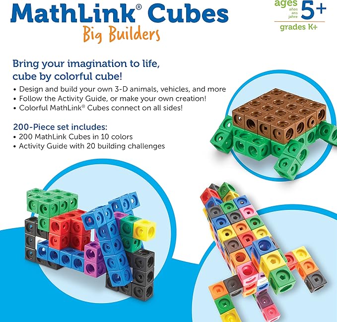 Learning Resources MathLink Cubes Big Builders - Set of 200 Cubes, Ages 5+, Develops Early Math Skills, STEM Toys, Math Games for Kids, Math Cubes for Kids,Stocking Stuffers