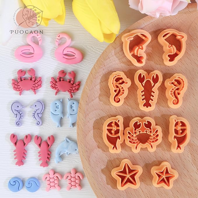 Puocaon Ocean Animal Clay Cutters - 22 Pcs Clay Cutters for Polymer Clay Jewelry, Dolphin Starfish Polymer Clay Earring Cutters, Turtle Seashell Clay Cutters for Earrings, Lobster Clay Cutters