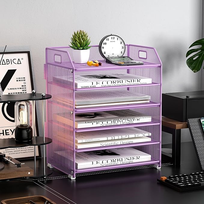 6 Tier Desk Organizer, Heavy-Duty Thick Metal Letter Tray Organizer, Large Capacity Desktop File Organizer for Heavy Files, Easy to Assemble for Home, Office & Classroom,Black,Purple