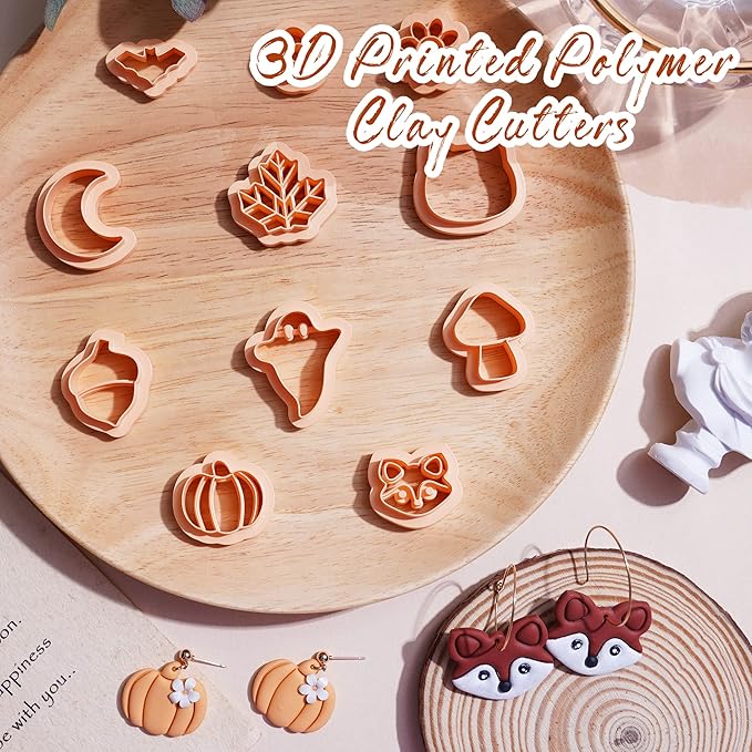 Puocaon Polymer Clay Cutters - 11 Pcs Maple Leaves Clay Cutters for Jewelry Making, Cat Fox Shape Clay Earring Cutters, Polymer Clay Earrings Making, Acorn Pumpkin Autumn Fruit Clay Earrings Studs