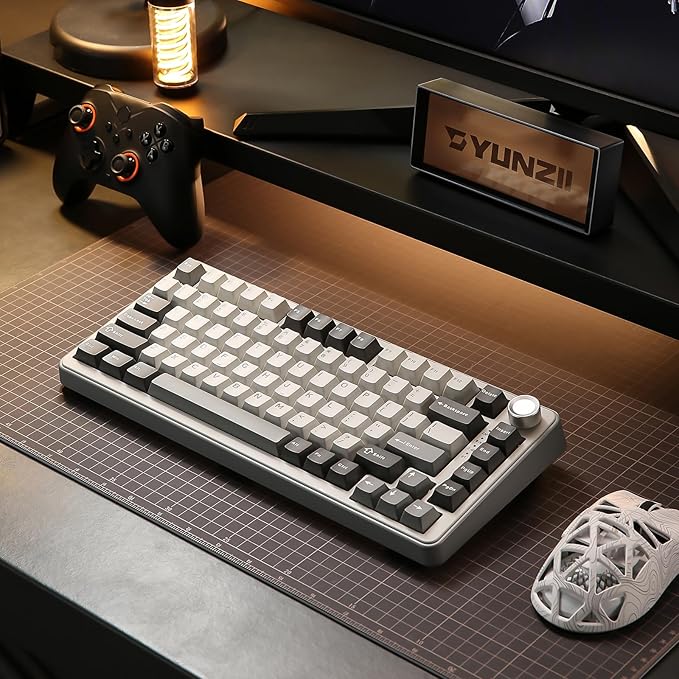 YUNZII B75 PRO Wireless Mechanical Keyboard,75% Layout with Knob,Hot Swap Gasket Custom Structure,Creamy Pre-lubed Switches,RGB Backlit,Bluetooth/Type-C/2.4G for Win/Mac(Cocoa Cream V2 Switch,Grey)
