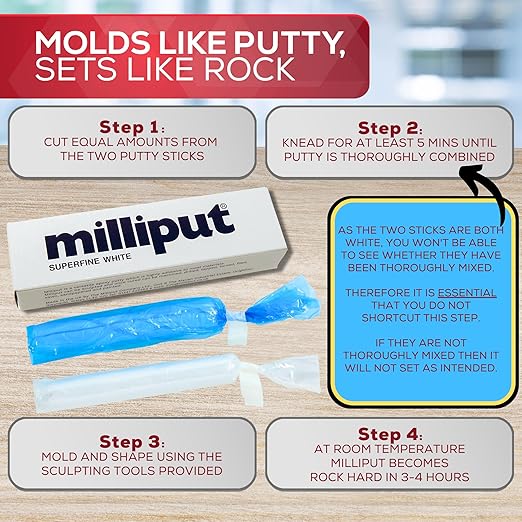 Milliput Plumbers Putty 10 Piece Set, Superfine White - with Sculpting Tools, Sanding Pad and Gloves - Ceramic Tile, Fiberglass Tub, Bath, Sink and Porcelain Repair Kit - 2 Part Epoxy Modeling Clay