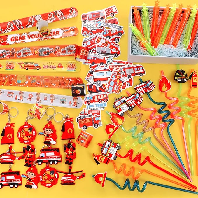 98 Firefighter Party Favors Fire Truck Birthday Supplies Straw Bubble Slap Bracelet Keychain Sticker Kid Boy Toy Accessories Fireman Party Decorations Gift Prize Goodie Bags Stuffers