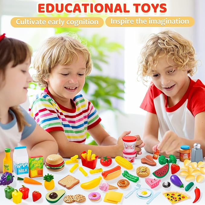 JOYIN 135Pcs Kids Play Food Set, Value Pretend Food for Play Kitchen with Fruit, Vegetable, Can, Dessert, Tableware, Bottles, Dramatic Plastic Toys for Toddler Boys Girls 3+ Years