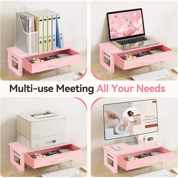 Desk Organizers and Accessories, Computer Monitor Stand Riser with Fabric Drawer, 2-Tier Laptop Stand for Desk, Office Organization Accessories, Pink