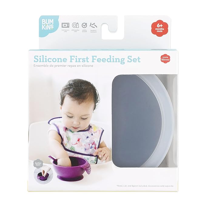 Bumkins Baby Bowl, Silicone Baby Feeding Set with Suction for Baby and Toddler, Includes Spoon and Lid, First Feeding Set, Essential for Baby Led Weaning for Babies 4 Months, Marble