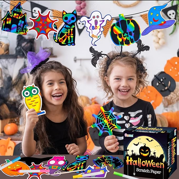 Garma Scratch Paper Craft for Kids - 36 Pcs Halloween Magic Rainbow Scratch Paper Off Cards Set for Kids Crafts Arts Supplies Halloween Ornaments Party Games Classroom Activities Birthday Gifts