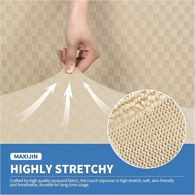 MAXIJIN 3 Piece Stretch Couch Covers for 2 Cushion Couch Sofa Slipcovers with 2 Extra Large Seat Cushion Couch Jacquard Loveseat Sofa Couch Cover for Dogs (2 Cushion Sofa, Light Beige)