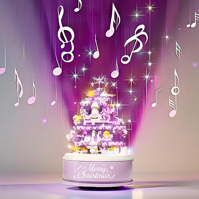 Christmas Tree Building Blocks Set for Kids - 2024 Rotating Christmas Tree Music Box with Glass Cover Xmas Holiday Construction Toy Gift for Boys and Girls (706PCS)