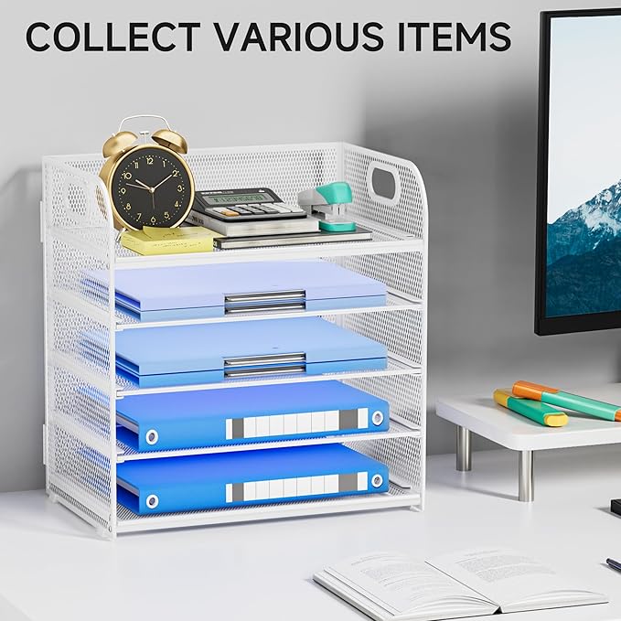 5-Tier Stackable Paper Organizer with Handle, White Metal Mesh Desk Organizer Letter Tray | Office Storage & Organization for Home, School & Workplace