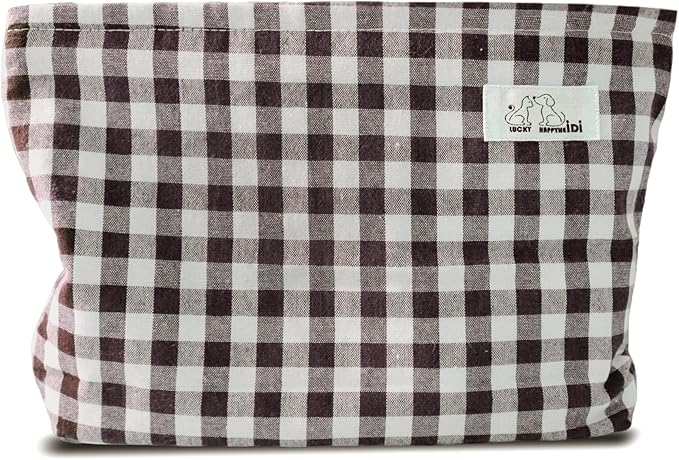 HAPPYHEIDI Brown Gingham Cotton Makeup Bag Cosmetic Travel Pouch Purse Organizer, Zipper Closure, Canvas Lined, Vintage Coffee Brown