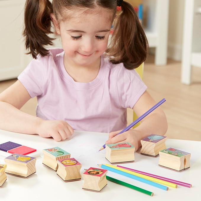 Melissa & Doug Disney Princess Wooden Stamp Set: 9 Stamps, 5 Colored Pencils, and 2-Color Stamp Pad