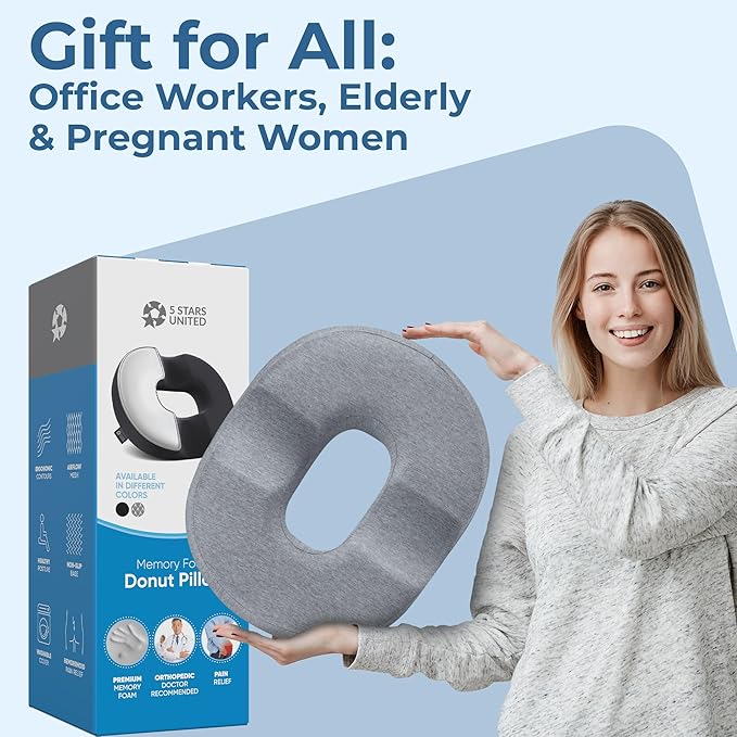 5 STARS UNITED Donut Pillow Hemorrhoid Tailbone Cushion โ Large Cushion for Pain Relief โ Coccyx, Prostate, Sciatica, Pelvic Floor, Pressure Sores, Pregnancy, Postpartum Recovery, Gray