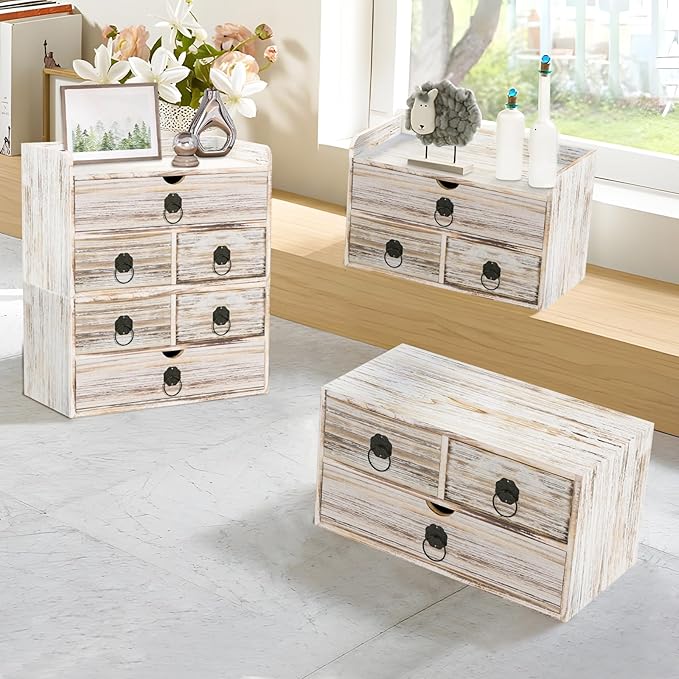 Wood Desk Organizer with Drawer, Vintage Brown Wooden Desktop Organizer, Tabletop Storage Organization Box for Countertop, Home Office Supplies (3 Drawer and Shelf)