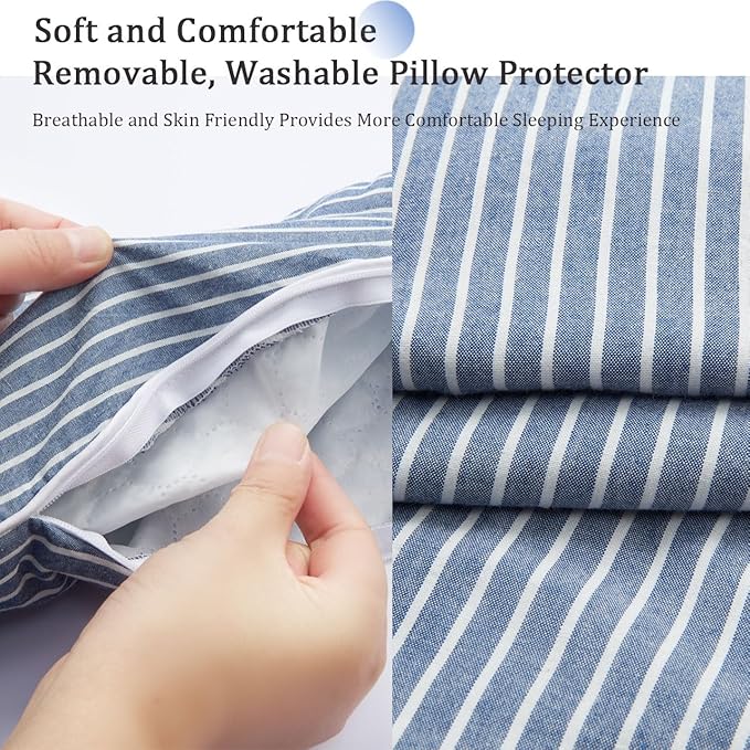 Buckwheat Pillow Cervical Neck Pillow, Buckwheat Hulls Filling Cooling Lumbar Support Pillow, Adjustable Firmness Ergonomic Design with Washable Cover, Blue 19"X7"