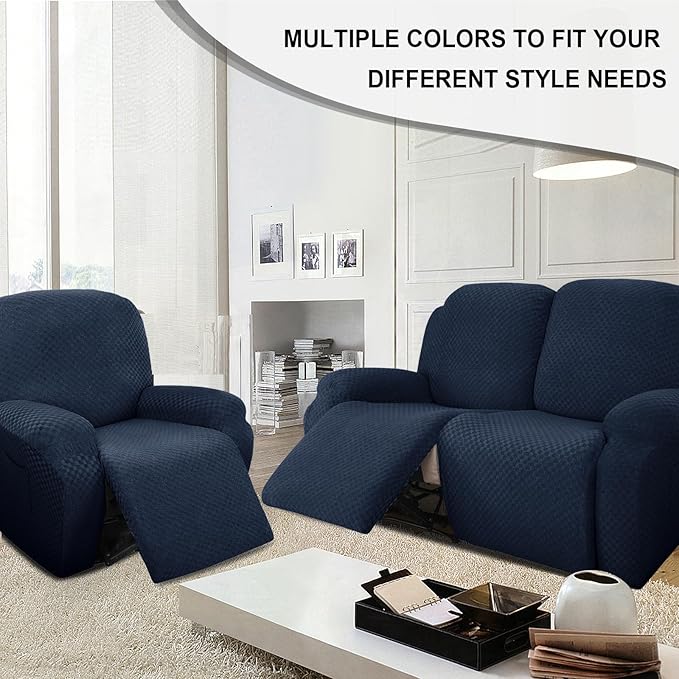 Stretch Jacquard Recliner Sofa Covers 3 Seat Soft Recliner Chair Covers Sofa Slipcover with Pocket and Elastic Bottom Furniture Protector for Kid,Pets(Checks,Navy Blue)