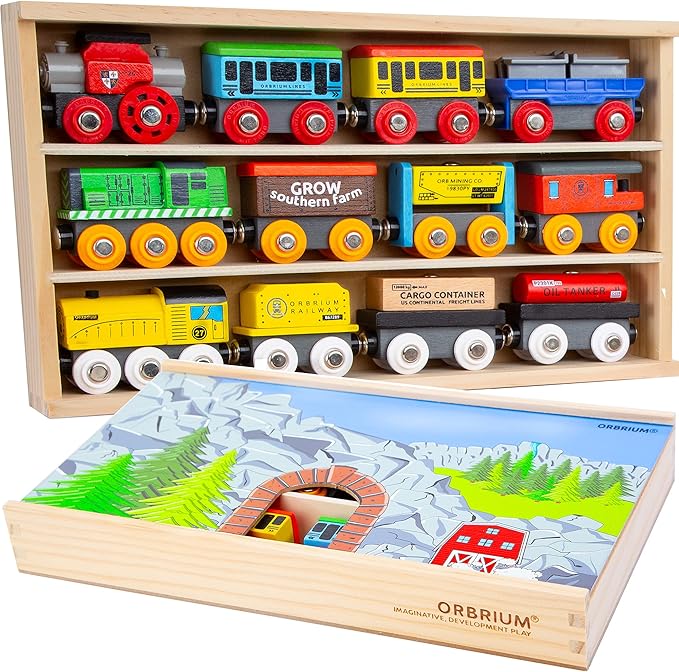 Orbrium 12 Wooden Train Cars Set with Wooden Storage Box with Box Cover Tunnel for 3,4,5,6,7 Years Old Compatible with Thomas & Friends Push-Along, Brio, IKEA, Imaginarium, Melissa and Doug