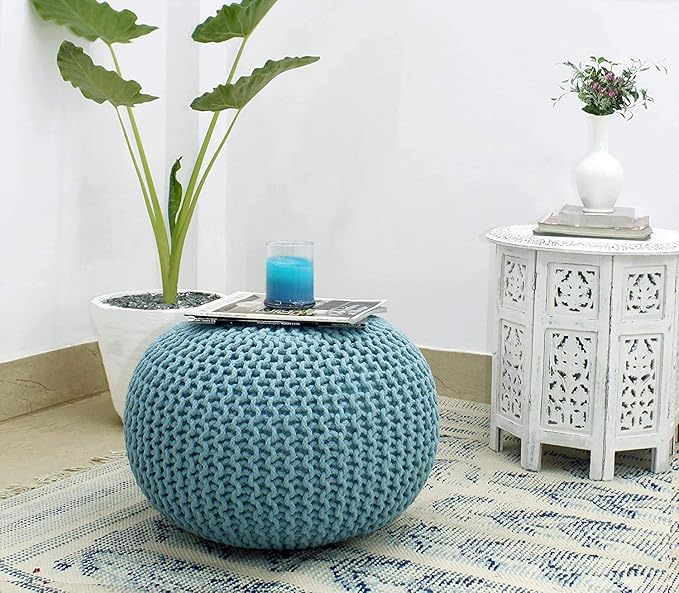 The Home Talk Ottoman Floor Poufs for Living Room Hand Knitted Foot Rest Comfortable Pouffe 100% Cotton Braid Cord Bean Bag for Armchair, Bedroom, DĂŠcor, 18"x18"x14", Turquoise