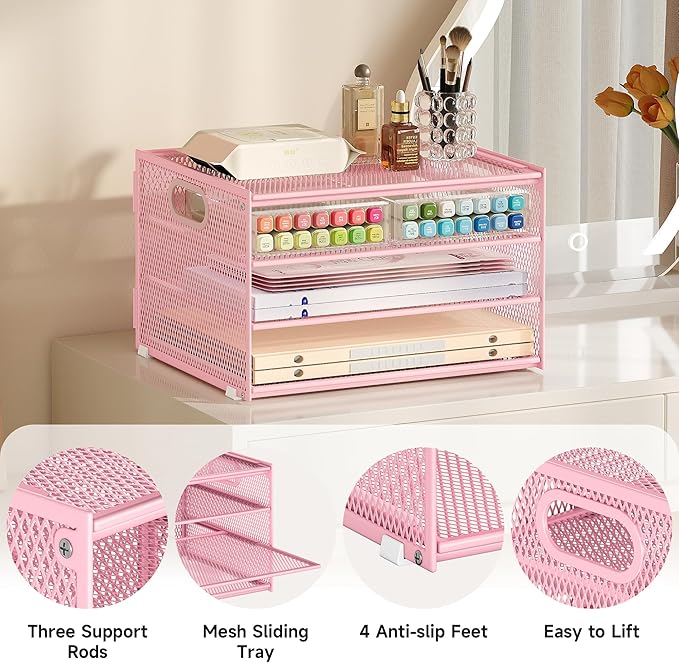 Subekyu Paper Letter Tray Organizer for Desk, Pink Metal Mesh Desk File Sorter Organizer with Handle and 2 Sliding Trays for Home Office School Supplies Organization