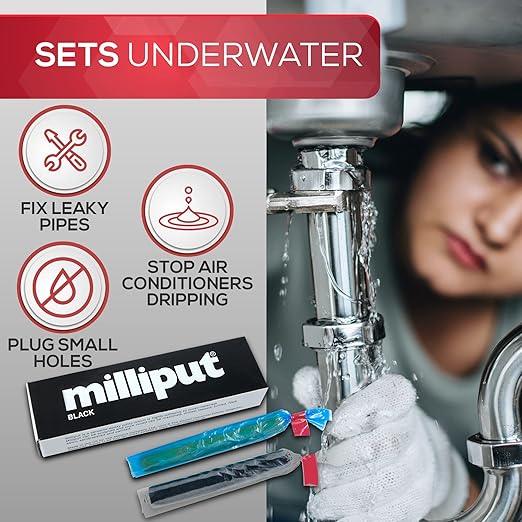 Milliput Epoxy Putty 10 Piece Set, Black Version - with Sculpting Tools, Sanding Pad and Gloves - Air Dry Moldable Plastic Plumbers Clay - Ceramic Tile, Marble and Quartz Countertop Chip Repair Kit