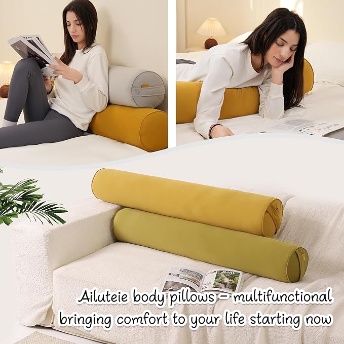 Bolster Pillow for Bed – Long Round Body Pillow for Adults, Cuddle Pillow for Sleeping, Full-Length Support,47.24 x 7.87 Inches,Honey Yellow